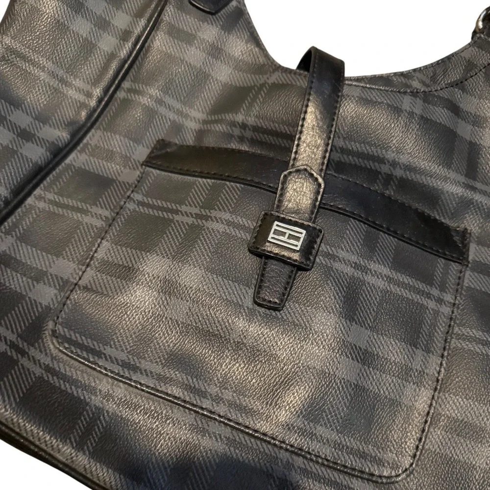 Tommy Hilfiger Plaid Hobo Shoulder Bag Black Gray Silver Buckle